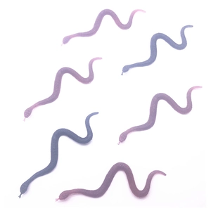 Detailed view of six flexible rubber snakes in purple and blue gradients for party favors