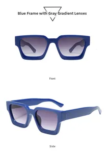 Detail of square thick frame sunglasses in electric blue with gradient gray lenses