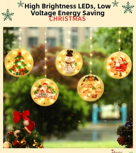 Detail showing five LED Christmas hanging lights with Santa and snowman patterns