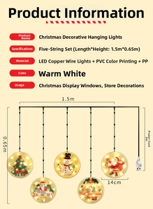 Detail view of 1.5m warm white LED snowman curtain lights with dimensions and USB specs