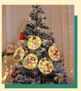 Detail of five warm LED Christmas hanging lights with snowman and reindeer patterns