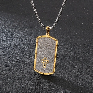 Mens stainless steel rectangular dog tag necklace with a small gold cross pendant