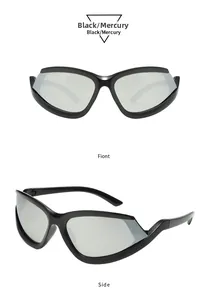 Front and side views of Y2K black wrap frames with mercury reflective lenses
