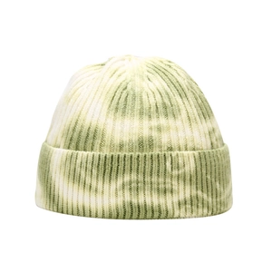 Green and white tie-dye knitted beanie hat with cuffed design for autumn and winter