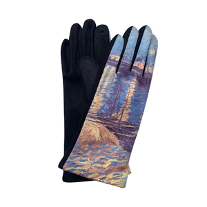 Artistic winter suede gloves featuring Van Gogh's Starry Night over the Rhone oil painting