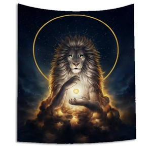 Majestic lion tapestry with golden galaxy halo and mystical nebula background decor