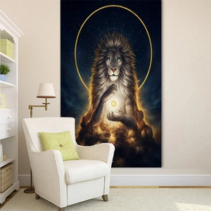 Lion starry sky tapestry wall hanging with golden halo for bedroom dorm home decor