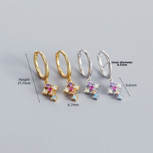 Detailed view of S925 silver cross earrings with colorful crystals and exact dimensions