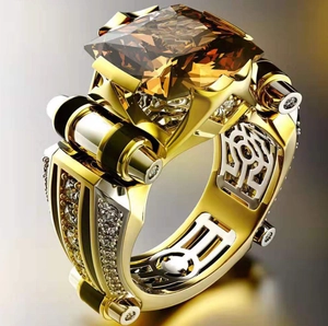 Fashionable two-tone industrial style ring with a square amber gemstone and pave rhinestones