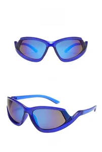 Detail view of Y2K wraparound sunglasses with blue frames and blue mercury coated lenses