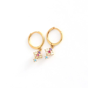 Luxury gold S925 silver hoop earrings with colorful crystal cross pendants