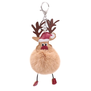Winter Christmas reindeer plush pompom keychain with red hat and silver metal lobster clasp