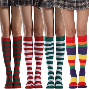 Striped cotton knee-high socks in red, green, and rainbow patterns for women's cosplay
