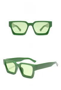 Front and side views of vintage green square sunglasses with thick frames and tinted lenses