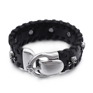 Men's punk black leather wide bracelet with silver skull studs and metal buckle