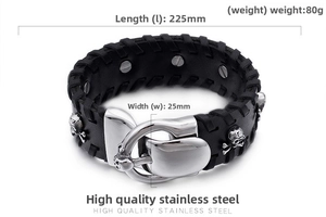 Detailed technical diagram showing dimensions of black leather punk skull bracelet