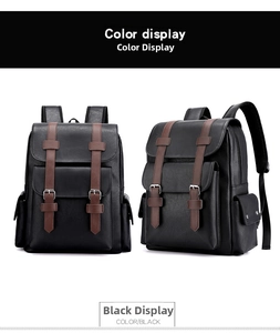 Front and side view of black PU leather backpack with vintage brown strap accents