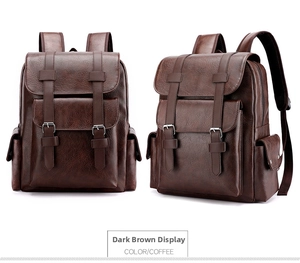 Detail view of coffee brown PU leather backpack showing front flap and side pocket design