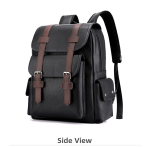 Detailed side view of black PU leather backpack with brown trim and buckle closure