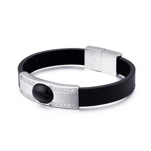 Men's black leather bracelet with geometric stainless steel inlay and zircon stones