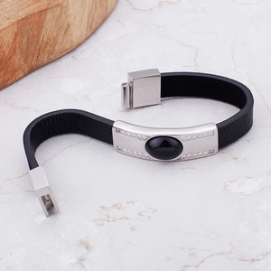 Men's black woven leather bracelet with silver curved plate and center black stone