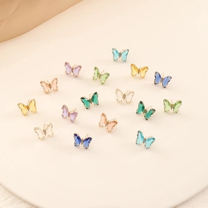 Detailed grid of 925 silver needle butterfly earrings with colorful zircon inlay