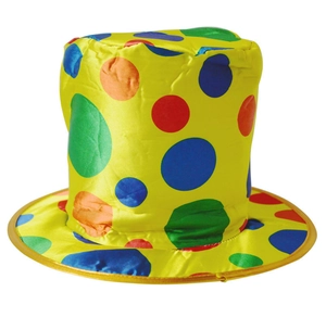 Detail view of yellow clown top hat with colorful polka dots for party costume
