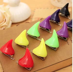 Harajuku style resin devil horn hair clips in various neon colors with metal bases