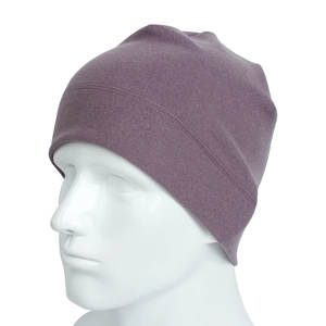 Detailed close-up of a soft purple knitted winter beanie with premium stitching