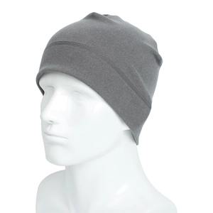 Detailed close-up of dark grey knitted running beanie featuring reinforced double stitching