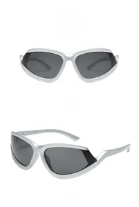 Front and side views of silver y2k wraparound sunglasses with gray lenses and tech style