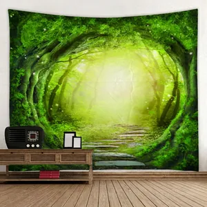 Tenture murale forêt avec lumière solaire à travers les arbres et sentier de nature