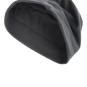 Detail view of the charcoal grey beanie showing high-quality stitching and knit texture