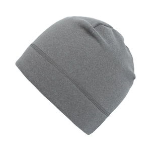 Close-up of grey knit beanie fabric showing fine stitching and fleece lining detail