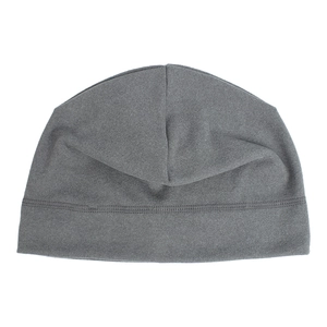 Close-up of deep gray polar fleece beanie with durable double-stitch seams for winter warmth