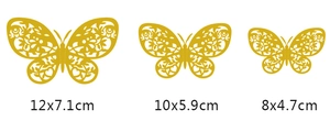 Detailed view of hollow gold butterfly wall stickers in three sizes: 12cm, 10cm, and 8cm