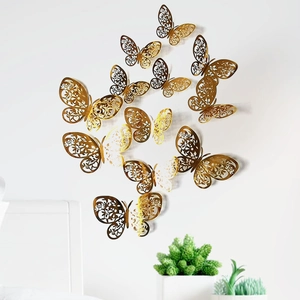 Golden 3D hollow butterfly wall stickers for festive home party decoration