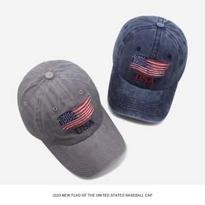 Washed cotton vintage baseball caps with embroidered USA flag in gray and navy blue