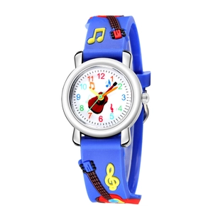 Kids quartz watch with blue 3D embossed guitar and musical notes strap on white background