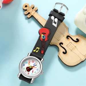 Kids quartz watch with 3D embossed guitar and music notes on a black silicone strap