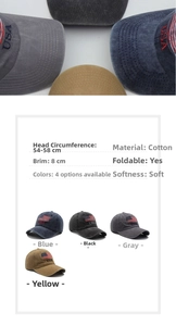 Size chart for US flag baseball cap with 54-58cm head size and cotton material details