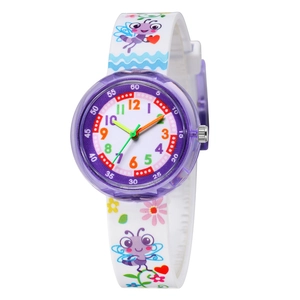 Purple translucent kids watch with colorful dial numbers and cartoon insect pattern straps