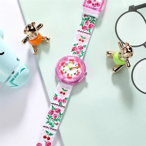 Pink floral children's quartz watch with cherry patterns and soft silicone strap