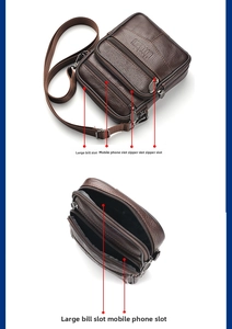 Detailed interior of brown lychee grain leather crossbody bag showing multiple zipper pockets