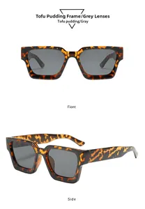 Detailed front and side views of square tortoiseshell frame sunglasses with gray lenses