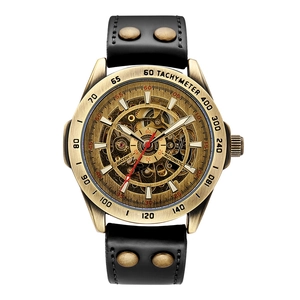 Retro skeleton automatic mechanical watch with brass case and rivet leather strap