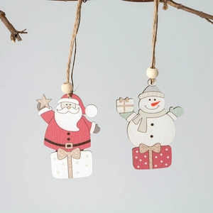 Christmas Wooden Ornaments Santa Claus Snowman Pendants Wood Beads Hemp Rope Festive Tree Decor Home Party Hanging Decor