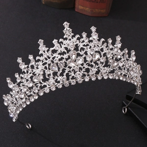 Elegant silver baroque crown tiara with sparkling rhinestones for bridal weddings