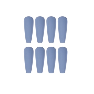 Matte long coffin fake nails in deep blue color displayed on a clean white background