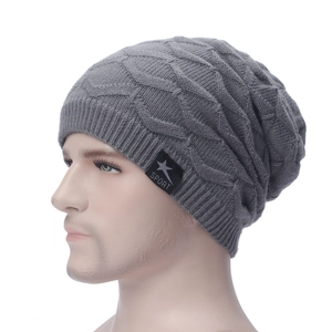 Gray windproof knit beanie with sport tag and fleece lining for men and women